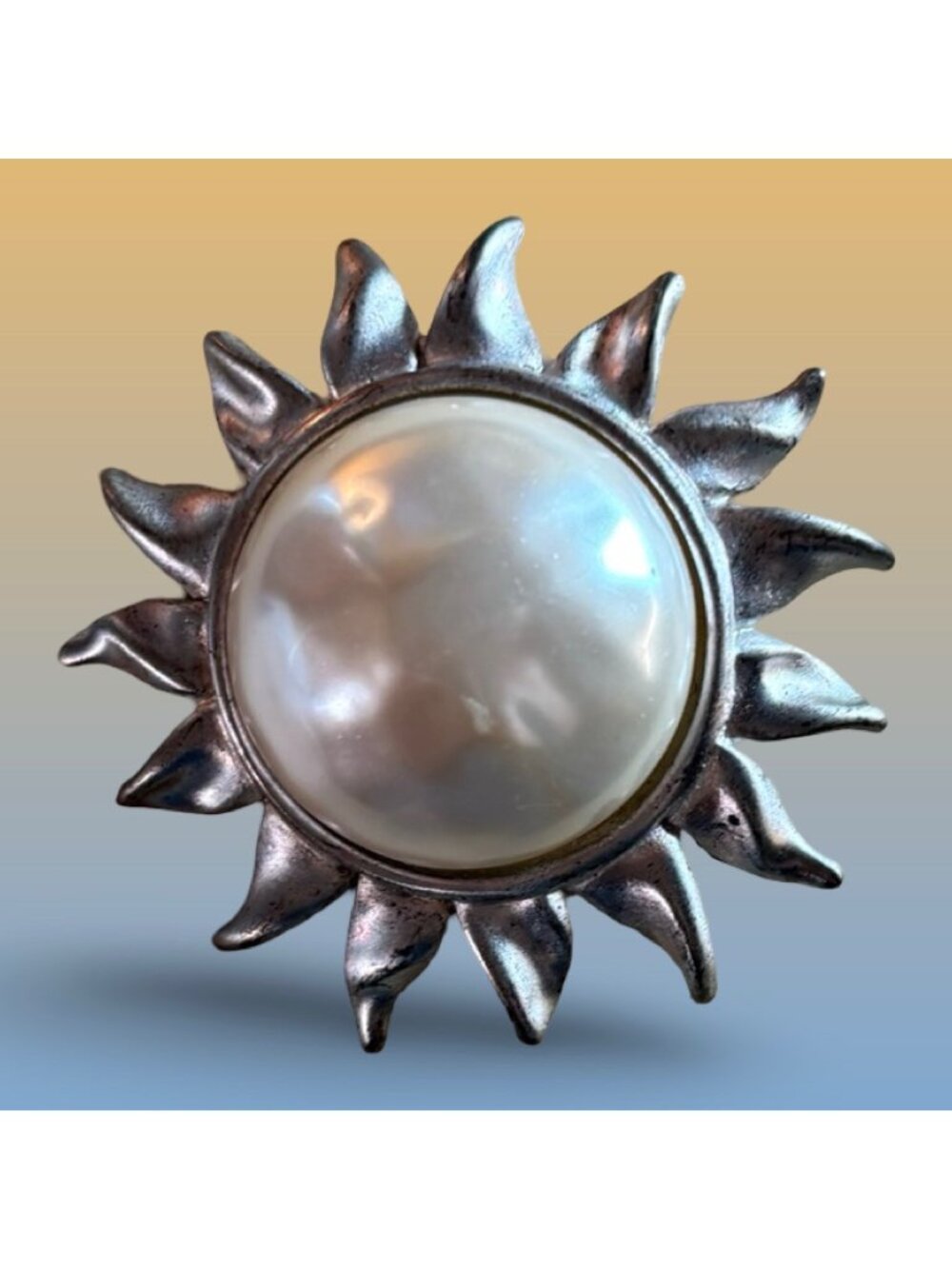 Sunburst Art Deco Style Metal Brooch With Faux Pearl Center Pin